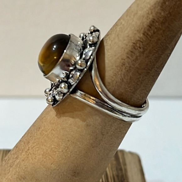925 SILVER OVERLAY GEMSTONE RING TIGERS EYE SIZE 5.5-5.75 - Picture 3 of 8